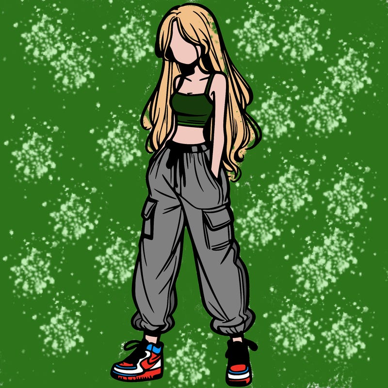 girl in baggy pants crop top and long hair