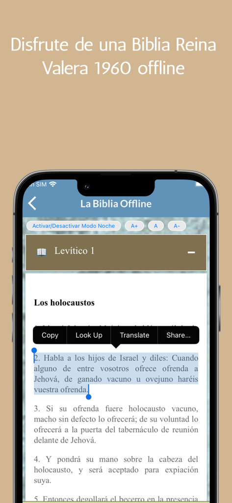 Estudios Bíblicos y Biblia - Interfaz de la app de Biblia en español que muestra la traducción Reina Valera 1960 para lectura sin conexión.