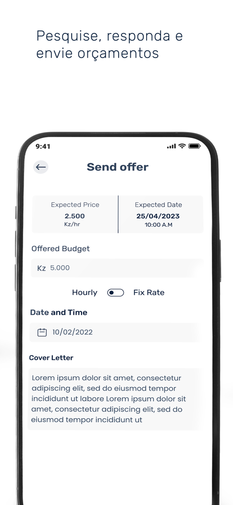 Bulir Prestador - Interface of the Bulir Prestador app showing the Send Offer screen with budget and date fields for service providers