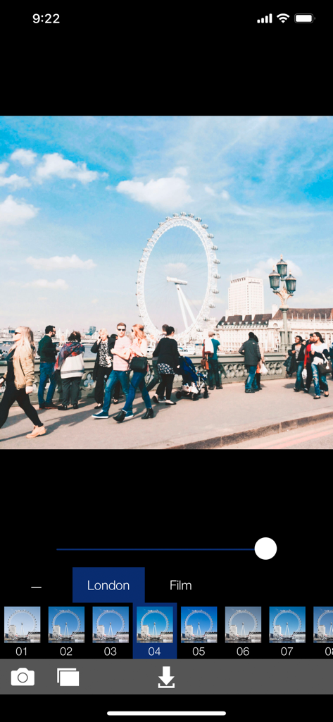 Un'interfaccia dell'app mobile che mostra una foto del London Eye mentre viene modificata con un filtro vintage nell'app Analog London.