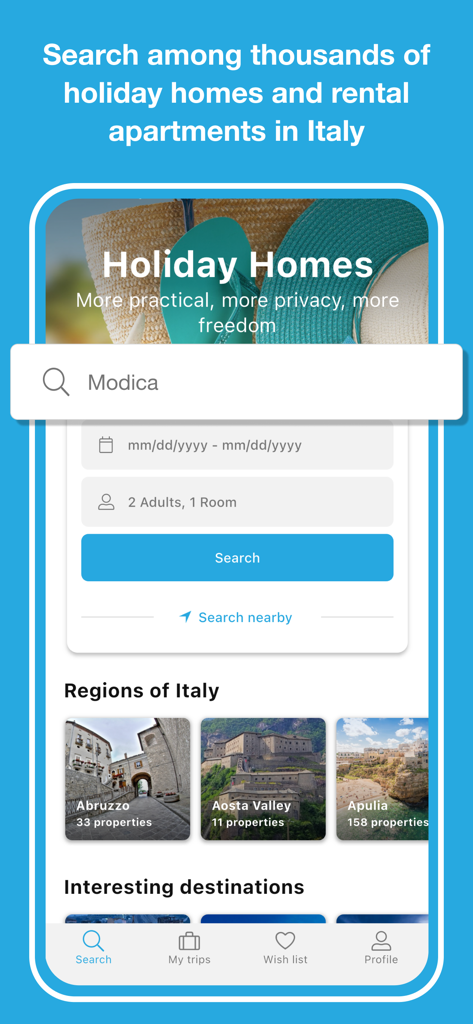 Case Vacanza Italia - Case Vacanza Italia app search interface for booking holiday homes and apartments in Italy