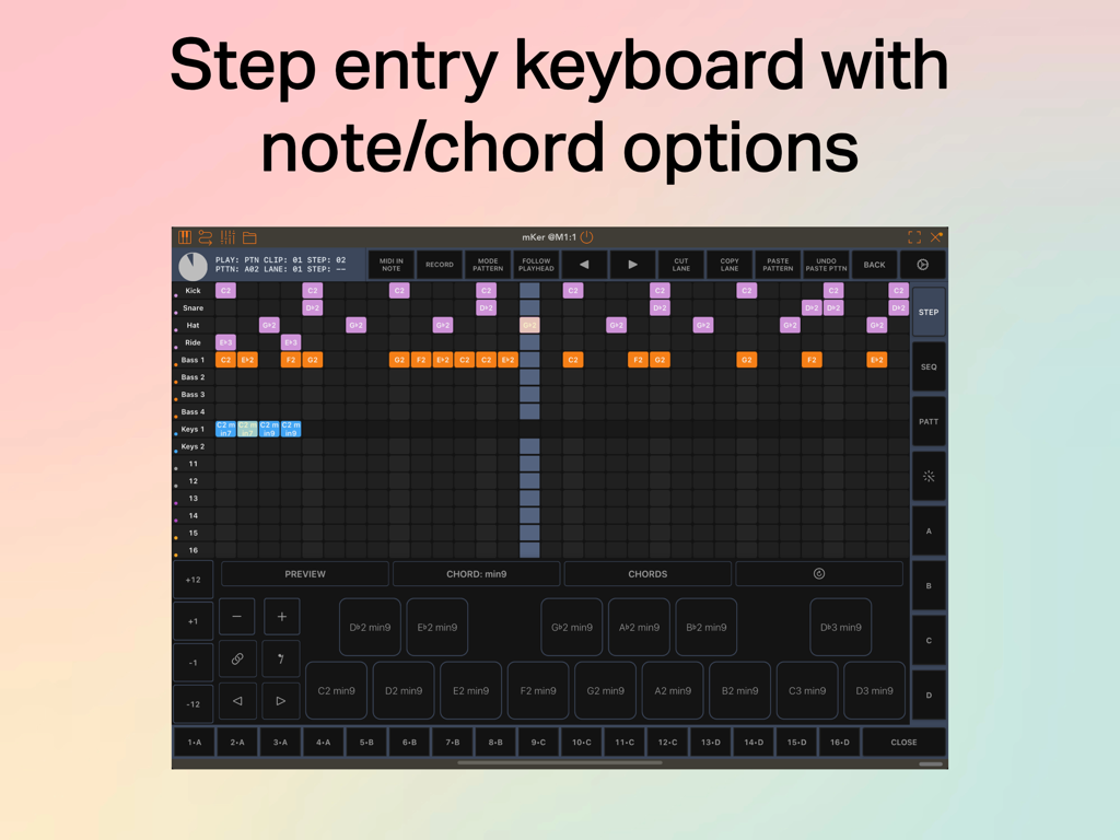 mKer - mKer MIDI step sequencer interface featuring a chord entry keyboard and multi-track grid on iPad.