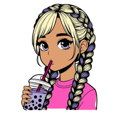 realistic girl with braided hair drinking boba