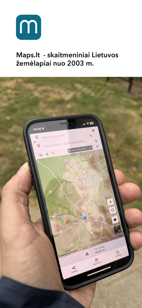 Maps.lt - A hand holding a smartphone displaying a topographic map of Lithuania in the Maps.lt navigation app