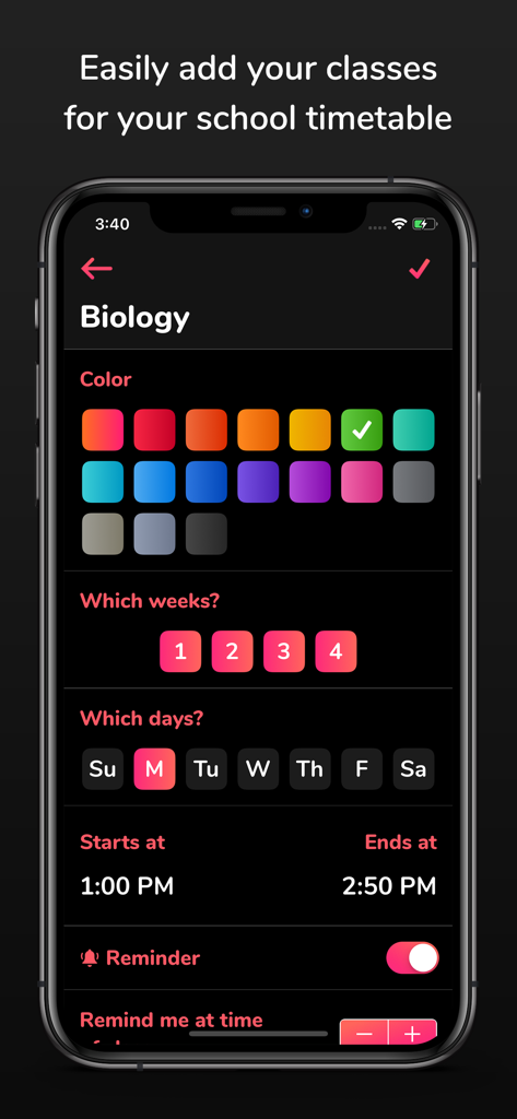 Mobile app interface for adding a biology class with color coding and schedule settings