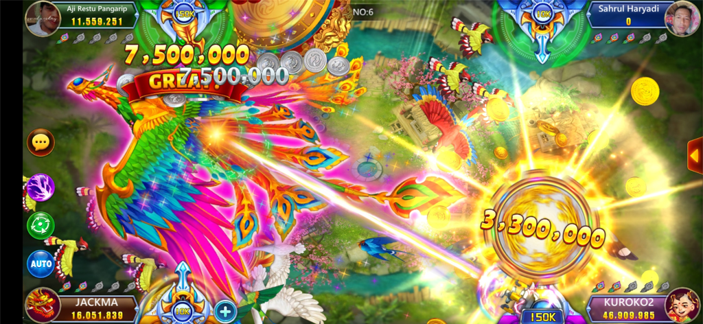 Gameplay screenshot of Joker King Slots Online featuring a colorful rainbow phoenix and high score jackpot wins
