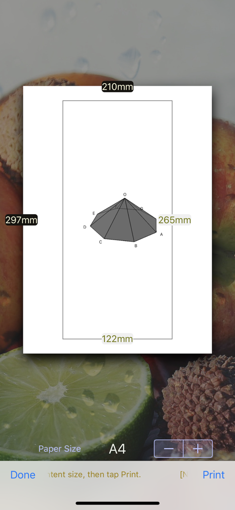 Print preview screen showing a 3D geometric shape on A4 paper with dimensions