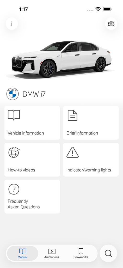 BMWドライバーズガイドアプリのメインダッシュボード。BMW i7と車両情報およびハウツー動画へのリンクが表示されています。
