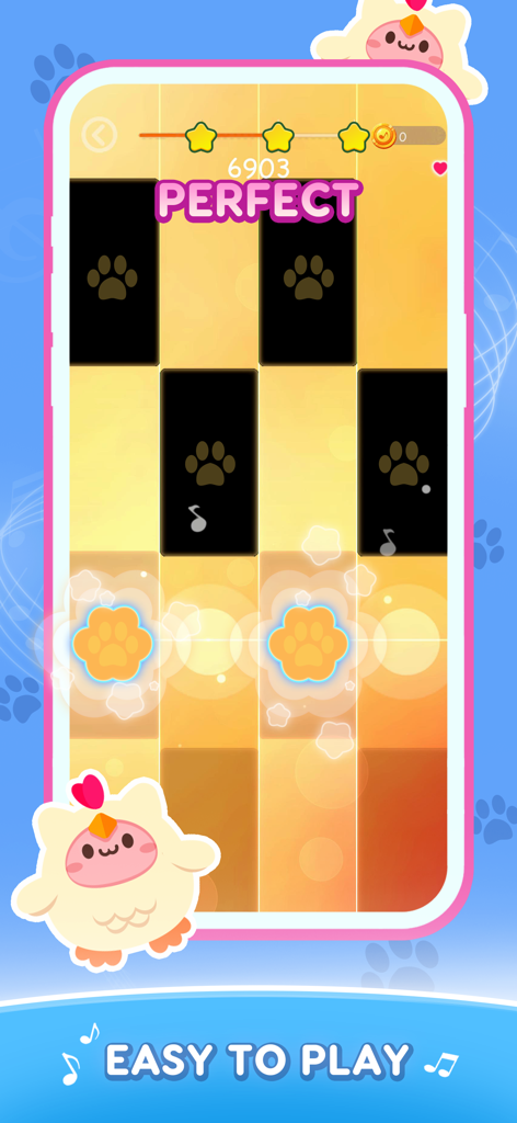 Cat Cute Tiles: Rhythm Games - Cat Cute Tilesのリズムゲームプレイ画面。足跡のついたピアノタイルとかわいい猫のキャラクターが表示されている。