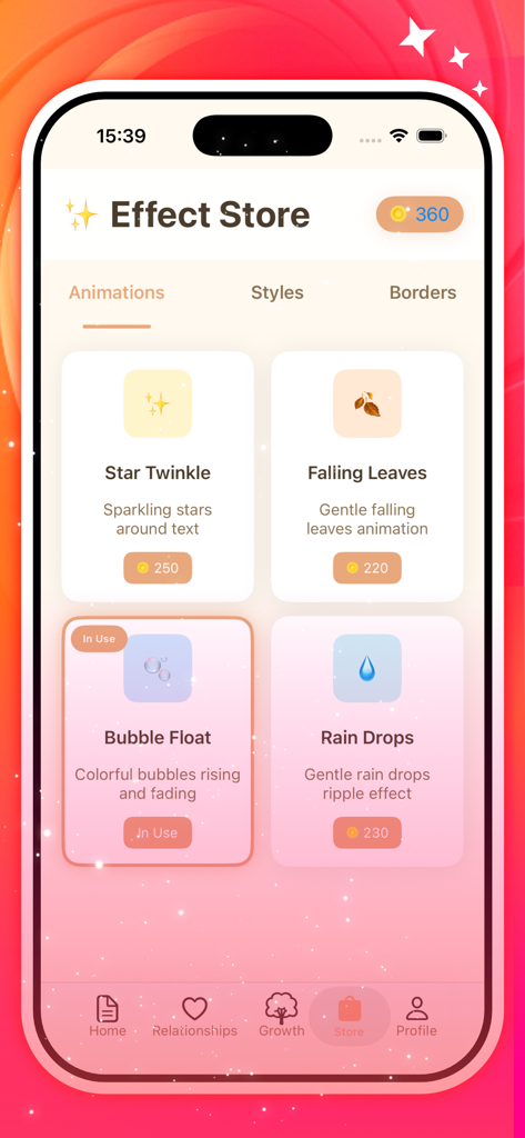 The effect store in the Lureta app showing animation options like star twinkle and falling leaves to personalize journal entries