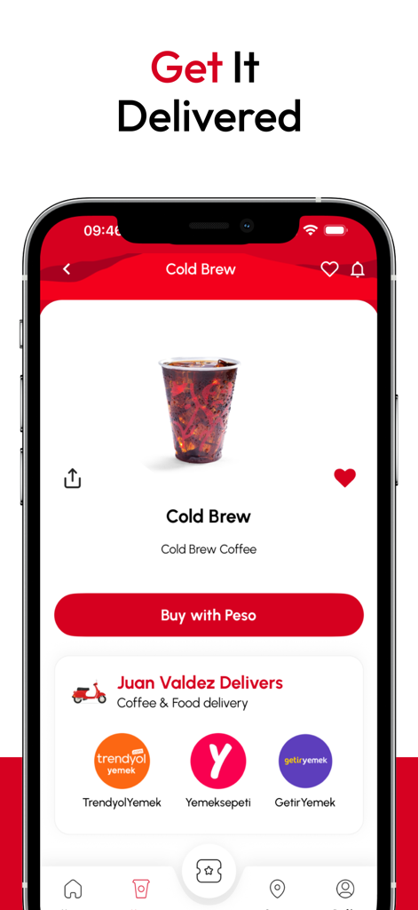 Juan Valdez Türkiye - Interfaz de la aplicación Juan Valdez que muestra café frío y opciones de servicio de entrega local