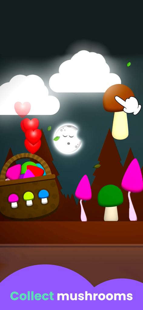 Pantalla de juego educativo para niños que muestra una actividad de recolección de champiñones en un bosque por la noche
