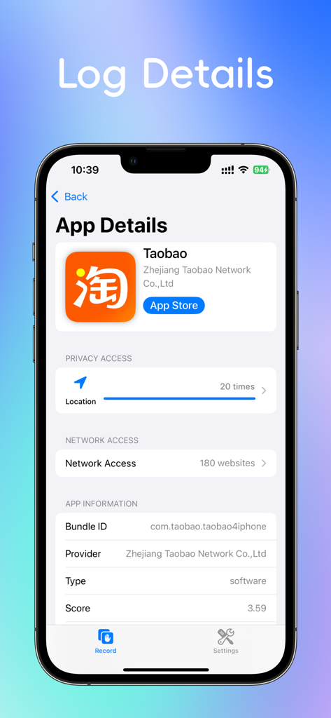 Uma tela móvel mostrando logs detalhados de acesso à privacidade, incluindo contagens de atividade de localização e rede para um aplicativo específico