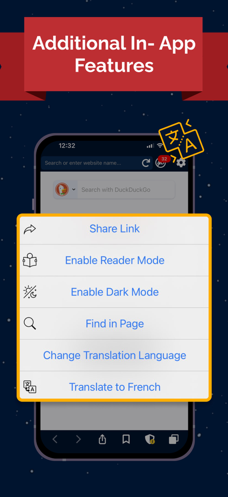 Menu del browser in-app che mostra la modalità lettura, la modalità scura e le funzioni di traduzione