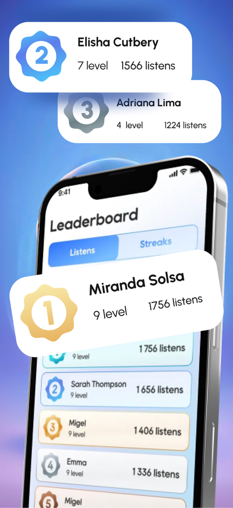 Manifest AI: Bye Broke Brain - A leaderboard screen in the Manifest AI app showing top user rankings based on levels and listening frequency