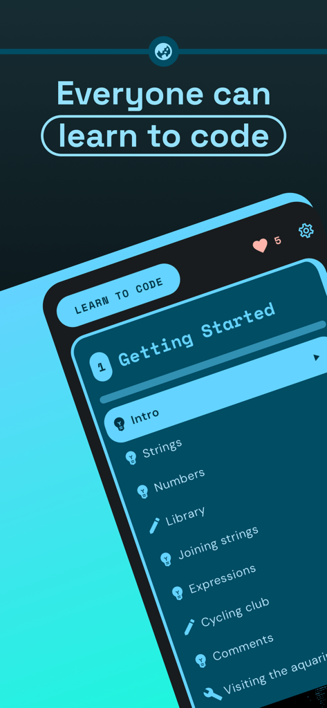 Interfaz de la app Encode mostrando una lista de temas de programación para principiantes bajo una sección de Introducción.