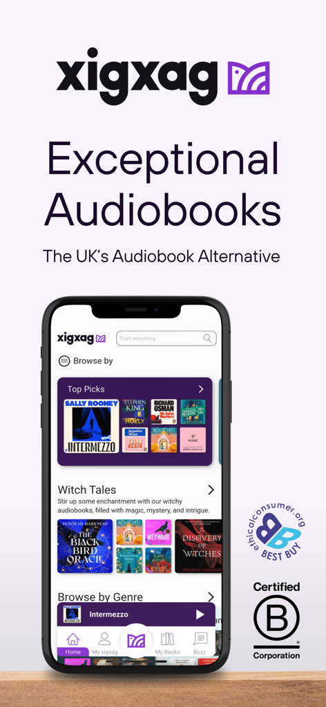 xigxag: Audiobooks, but Better - Aplicación móvil xigxag que muestra colecciones de audiolibros y distintivos de certificación B Corp