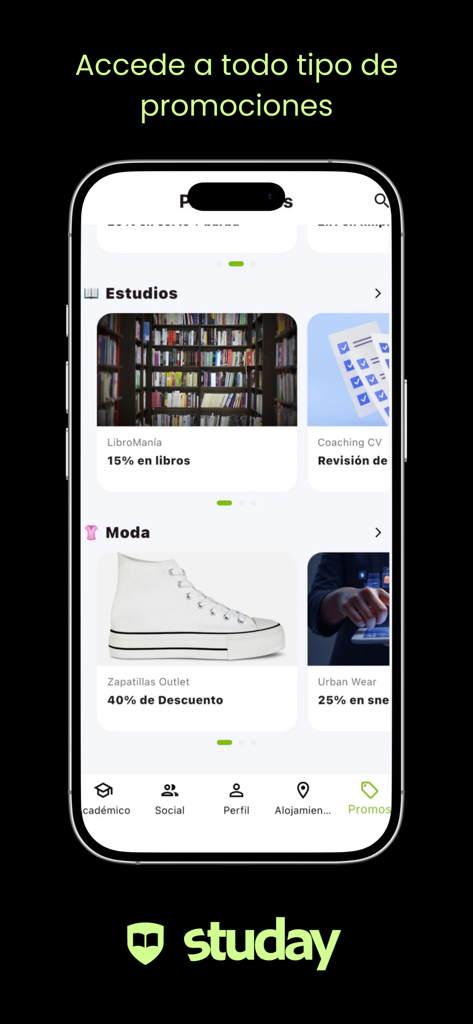 Studay app screen displaying exclusive student discounts for books and fashion apparel