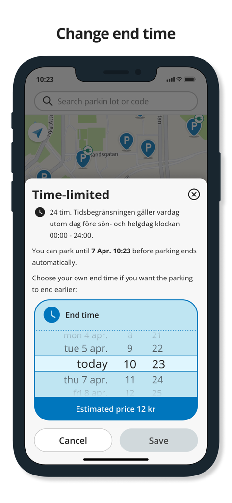 Parkering Göteborg - Parkering Goteborg app interface showing a popup to adjust parking end time with a time picker and estimated price