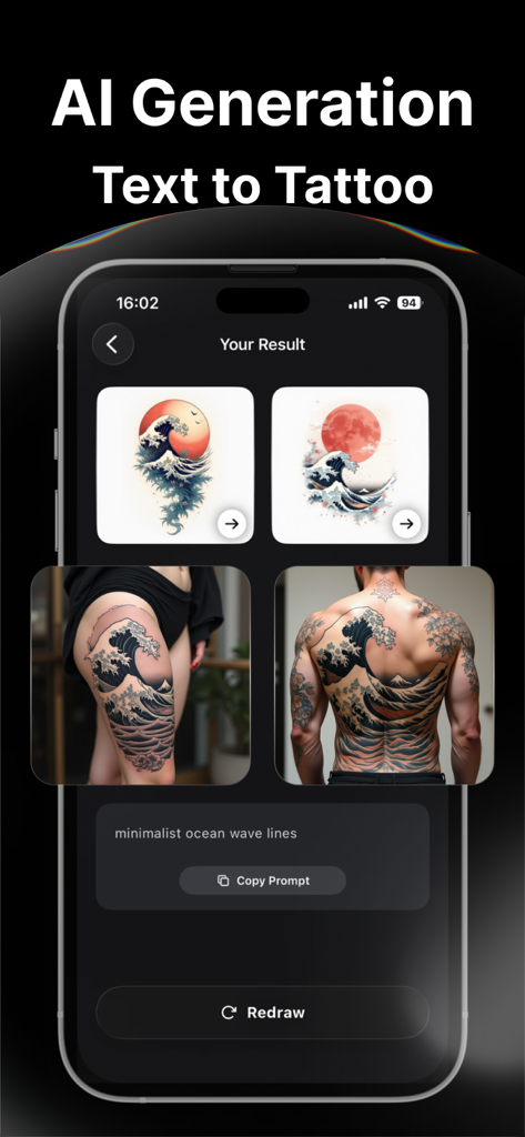 AI Tattoo-Ink Design Generator - Diseños de tatuajes de olas oceánicas generados por IA basados en una indicación de texto mostrados en una interfaz de aplicación móvil