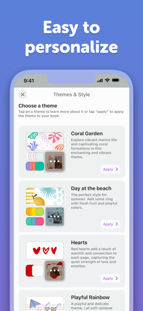 Interface of Journi Print app showing various photobook theme options like Coral Garden and Hearts for personalization