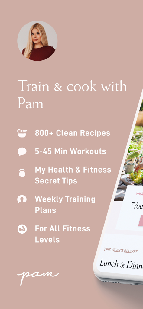 Pam Fitness & Food - Promotional screen for the Pam Fitness and Food app featuring Pamela Reif recipes and workout plans