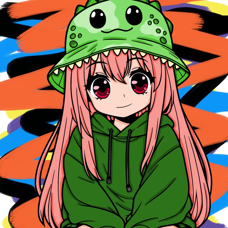 girl with anime shaped eyes with a dinosaur bucket hat oversized sweatshirt long straight hair