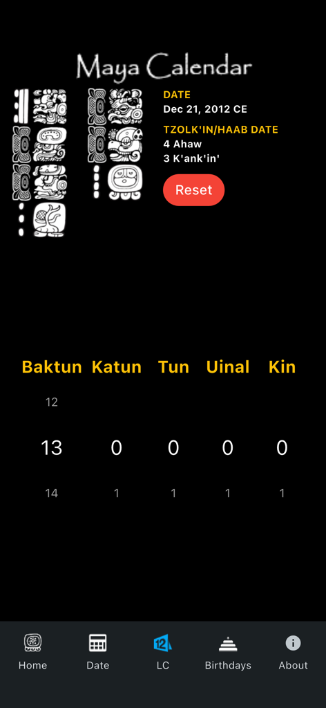 Maya Calendar - Maya-Kalender-App-Bildschirm mit Langzeitzählungen und Maya-Hieroglyphen