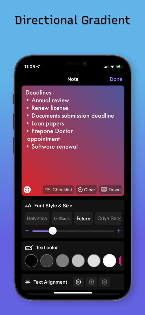 Interfaz de la aplicación Jot Down que muestra opciones de estilo de fuente, color de texto y fondo degradado direccional para una lista de notas adhesivas digitales.