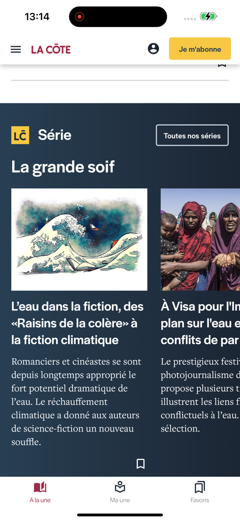Oberfläche der La Côte Nachrichten-App mit einer Sonderberichterstattungsserie über Wasserknappheit mit dem Titel La grande soif.