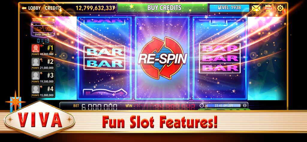 Gameplay d'une machine à sous classique de Vegas à 3 rouleaux avec fonction re-spin et classement de tournoi.