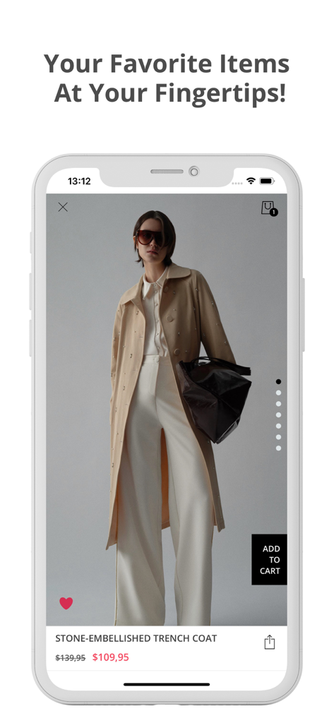Touché Privé International - Touché Privé mobile app displaying a stone embellished trench coat on a product page with add to cart option.