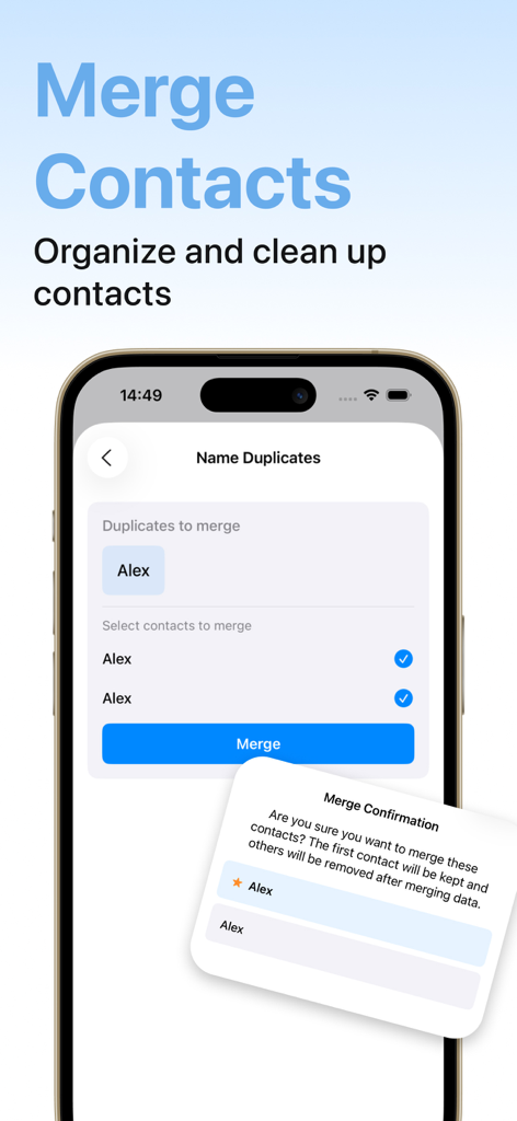 Phone cleaner - Simple clean - Interfaz de la aplicación que muestra la función de fusionar contactos duplicados