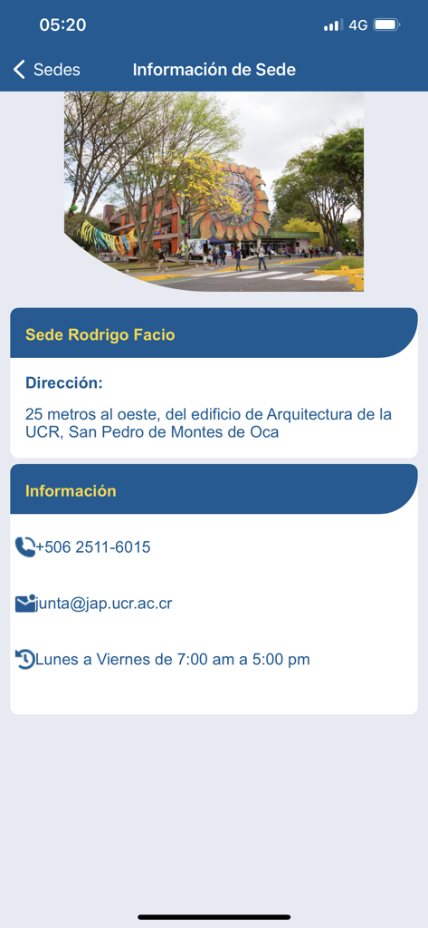 JUNTA UCR - Branch information screen for Sede Rodrigo Facio in the JUNTA UCR app showing contact details and opening hours