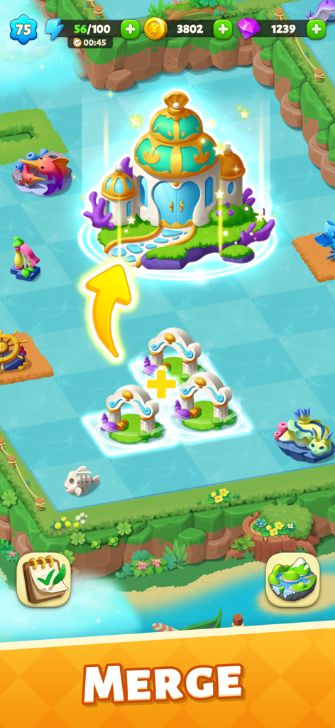 Panthia®: Magic & Merge Game - パンティアで、3つの小さなアーチをマージして大きな魔法の宮殿をアンロックするゲームプレイ画面