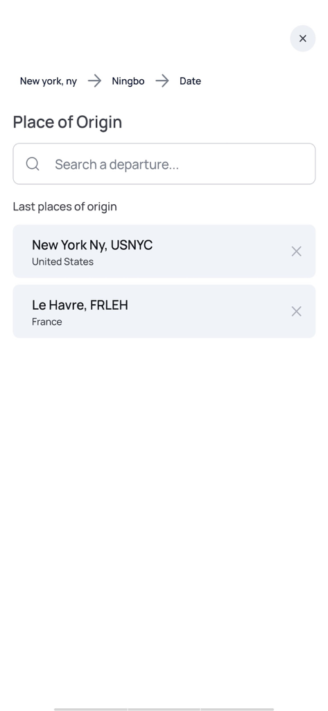 Selection screen for shipment place of origin in the APL Shipping app showing search bar and recent locations like New York and Le Havre