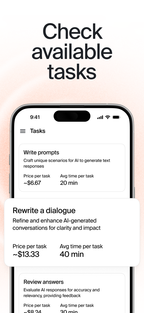 Toloka Annotators - Screen showing available AI training tasks with potential earnings and time estimates in the Toloka Annotators app.