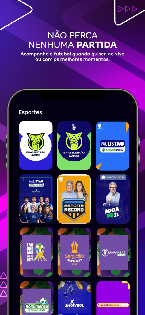 RecordPlus app screen showing various Brazilian football matches and sports programs