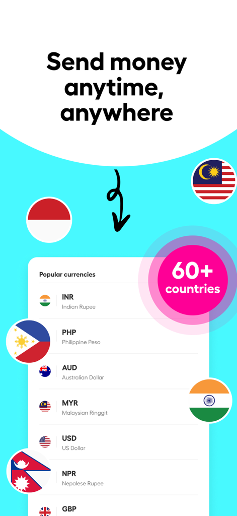Instarem: Send money abroad - Instarem-App-Bildschirm mit gängigen Währungen und Optionen zum Senden von Geld in über 60 Länder