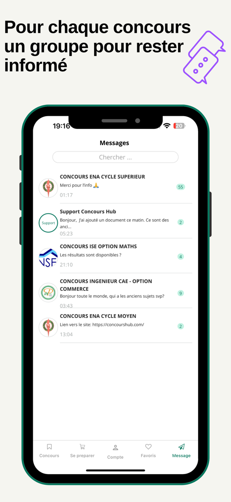 Screenshot der Concours Hub App, der eine Liste von Diskussionsgruppen für verschiedene Auswahlprüfungen wie ENA und ISE zeigt.