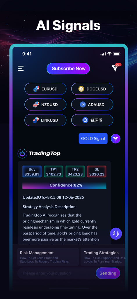 TradingTop mobile app interface showing real-time AI trading signals for gold and currency pairs.