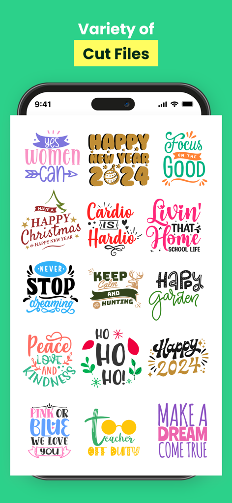 Designs For Cricut Space - A grid of colorful typography design templates for DIY craft projects