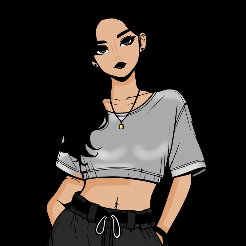 realistic girl witha crop top and baggy pants