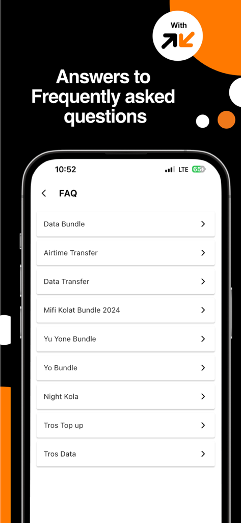 Orange Max it - Sierra Leone - Orange Max it app FAQ page with categories for data and airtime transfers
