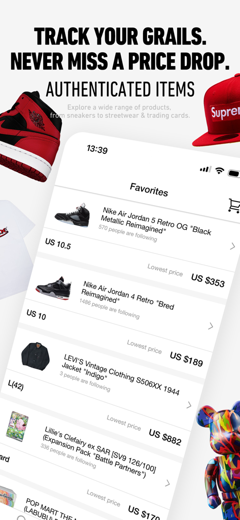 SNKRDUNK app interface showing a favorites list of authenticated sneakers and trading cards with price tracking