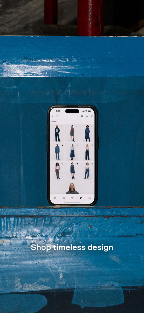 Marimekko | Fashion & Design - Smartphone showing the Marimekko app denim shopping category on a blue background