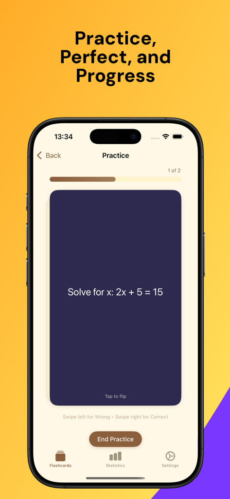 MemoCards: AI flashcards - iPhone screenshot of the MemoCards app showing a math flashcard during a practice session with a solve for x equation