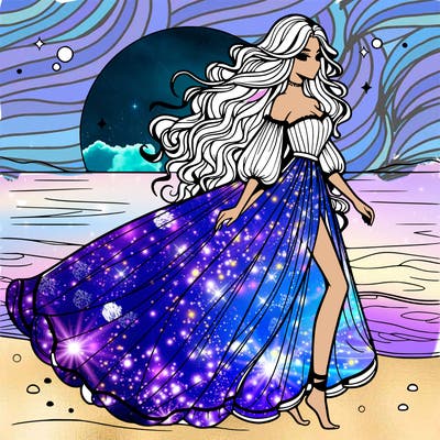 beautiful woman with a vaporous long dress walking on the beach at the noon, detailed art