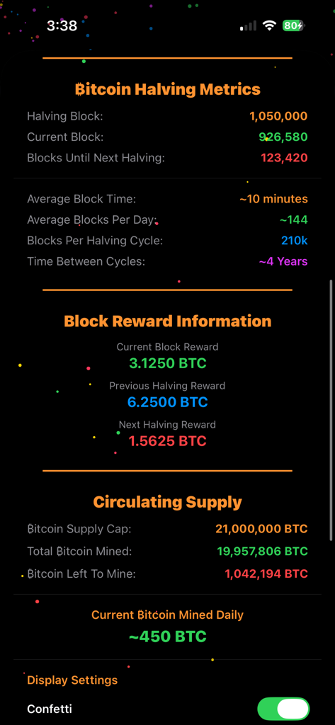 Tela de aplicativo móvel exibindo métricas de halving do Bitcoin, informações sobre recompensa de bloco e estatísticas de fornecimento circulante em modo escuro