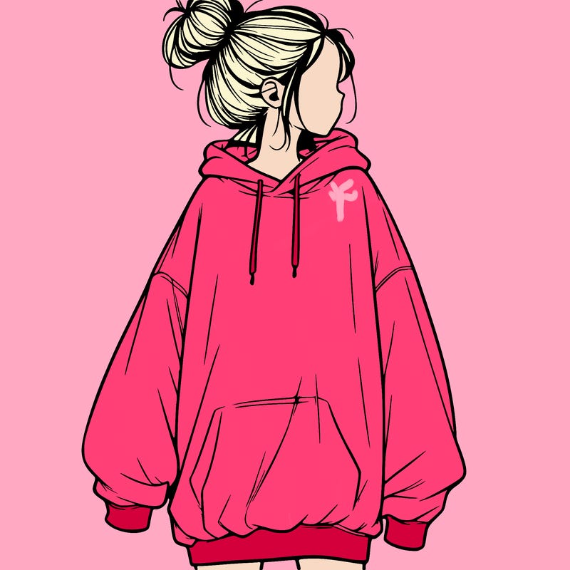 realistic girl with a oversized sweatshirt on and a bun